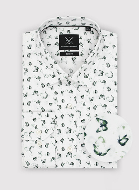 Biała koszula męska w zielone motylki