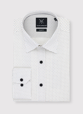 Biała koszula w granatowo-beżowy mikrowzór