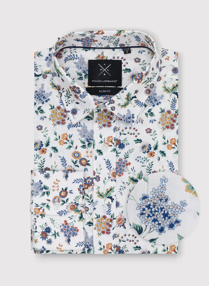 Biała męska koszula w kwiaty 