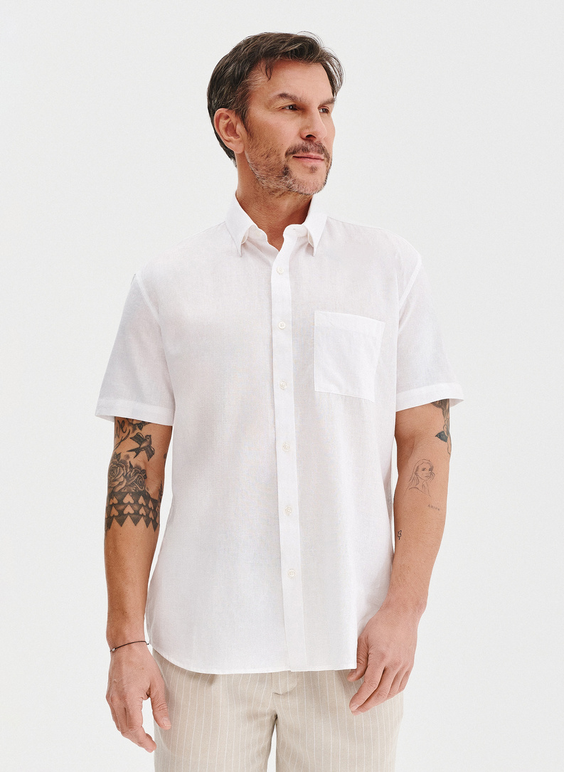 Lniana biała koszula z krótkim rękawem