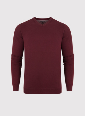 Bordowy gładki sweter męski z dekoltem w serek