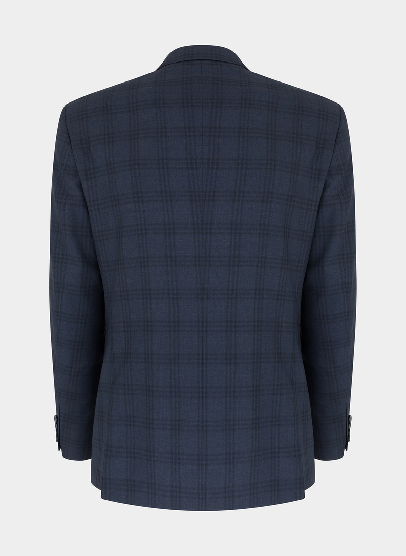 Wełniany granatowy garnitur w kratkę