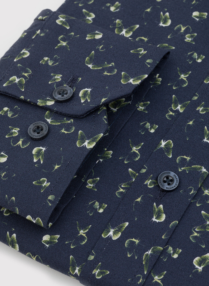 Granatowa koszula męska w zielone motyle