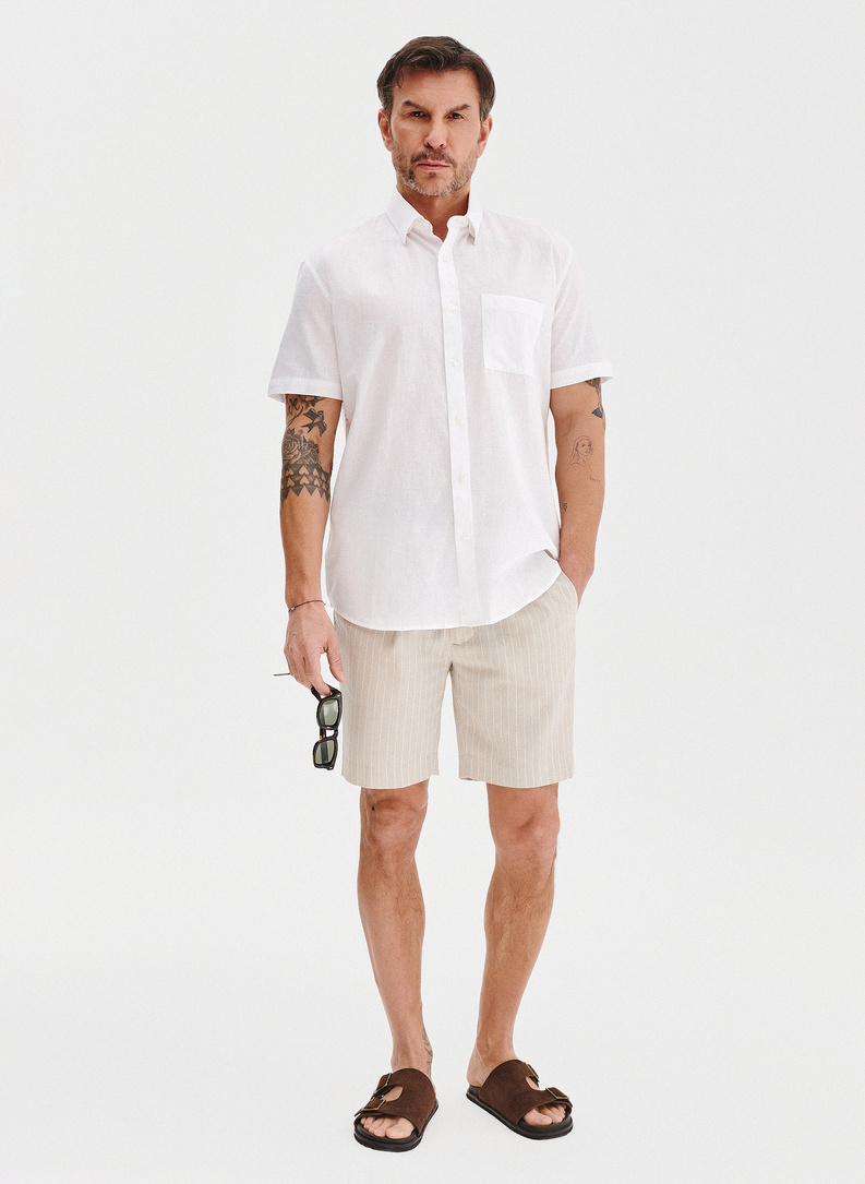 Lniana biała koszula z krótkim rękawem