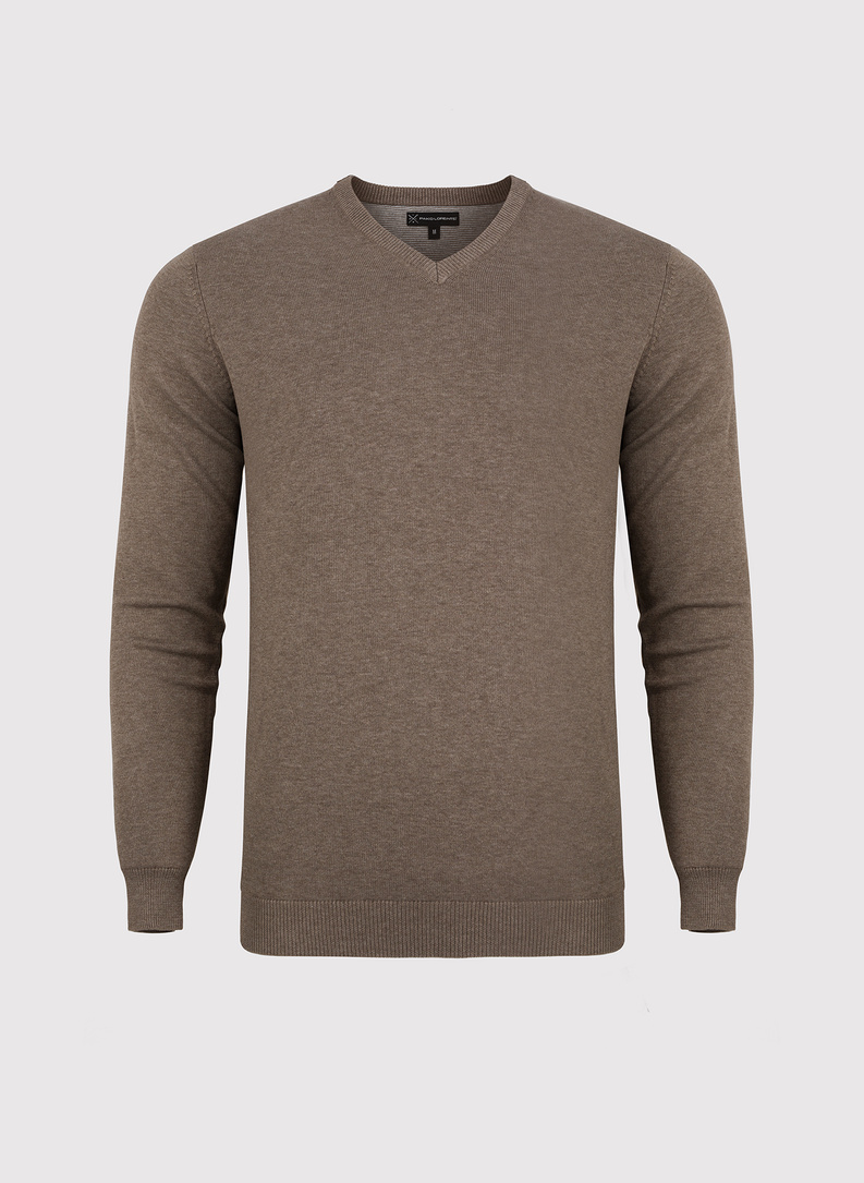 Beżowy gładki sweter męski z dekoltem w serek