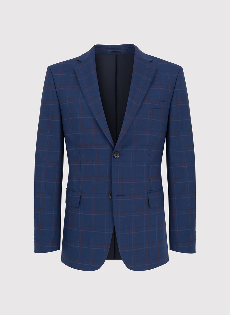 Dwuczęściowy granatowy garnitur męski w czerwono-białą kratę