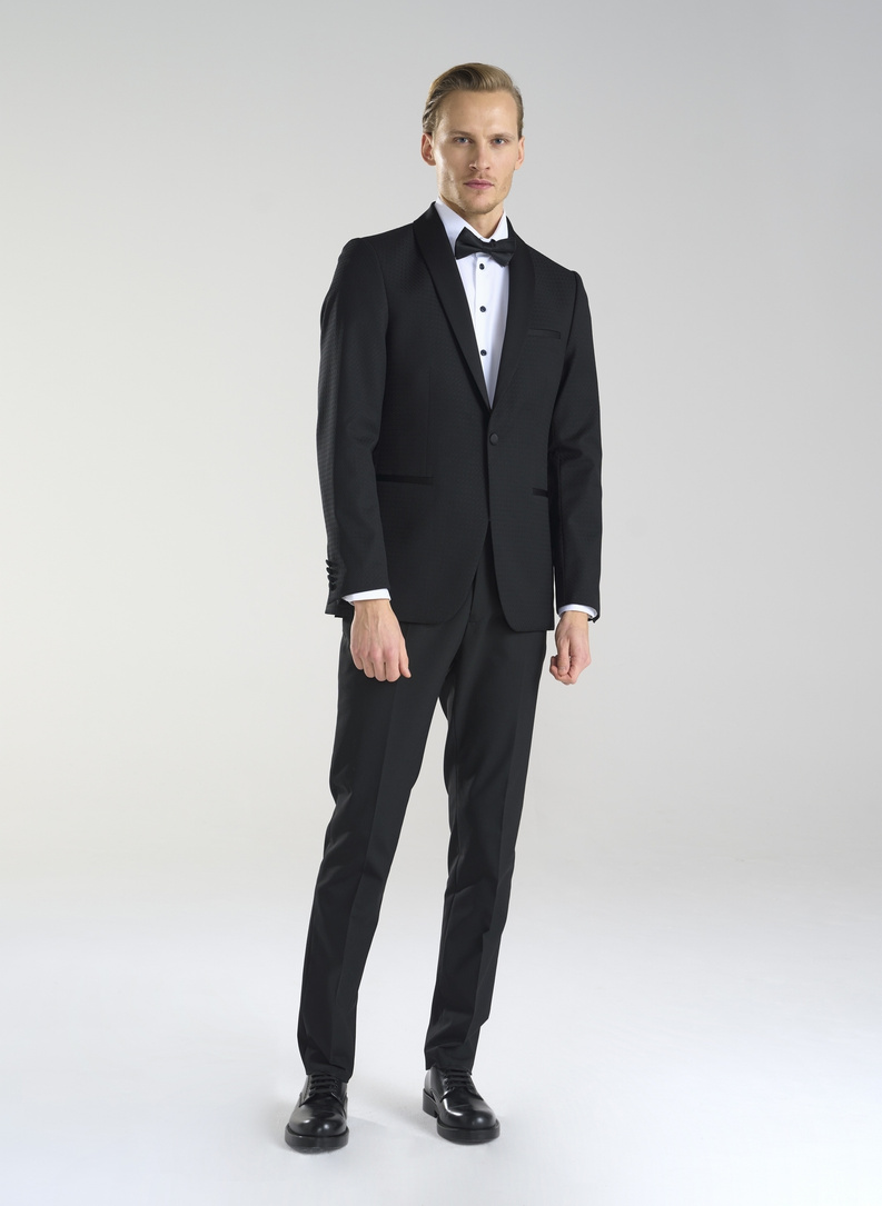 Wełniana czarna marynarka smokingowa w mikrowzór