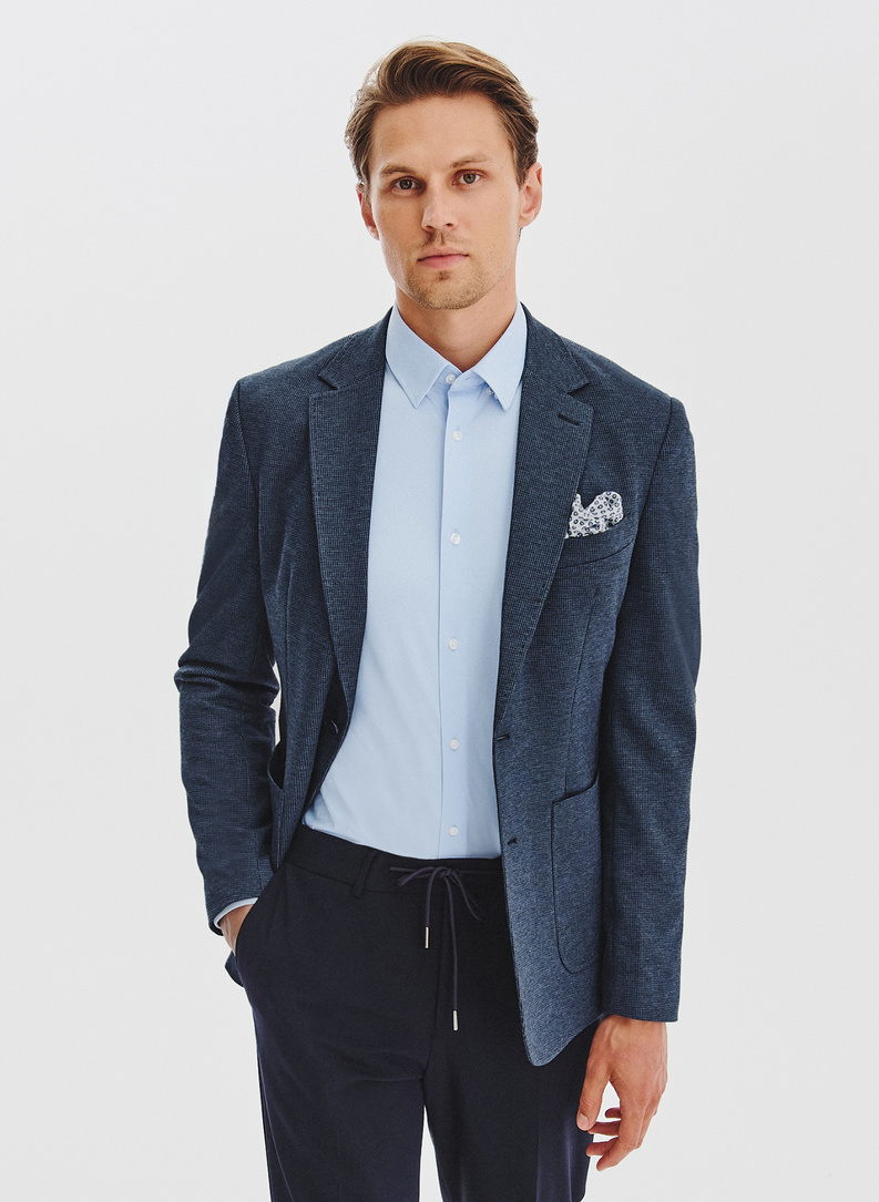 Granatowa marynarka w pepitkę z dzianiny