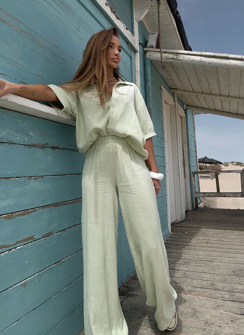 Lniany komplet damski CELEBRYTKA pistacja