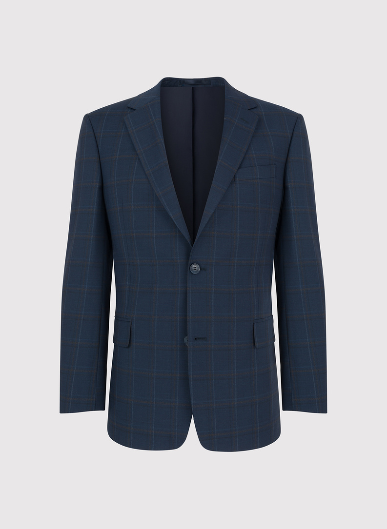 Dwuczęściowy granatowy garnitur męski w kraciasty deseń