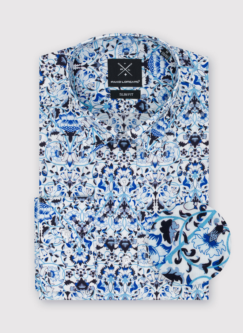 Biała koszula męska w niebieski roślinny wzór