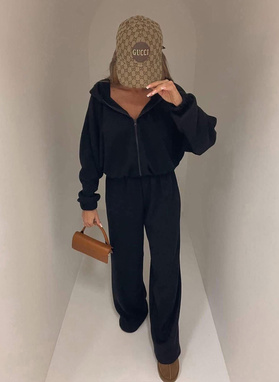 Czarny gładki komplet damski z wełną