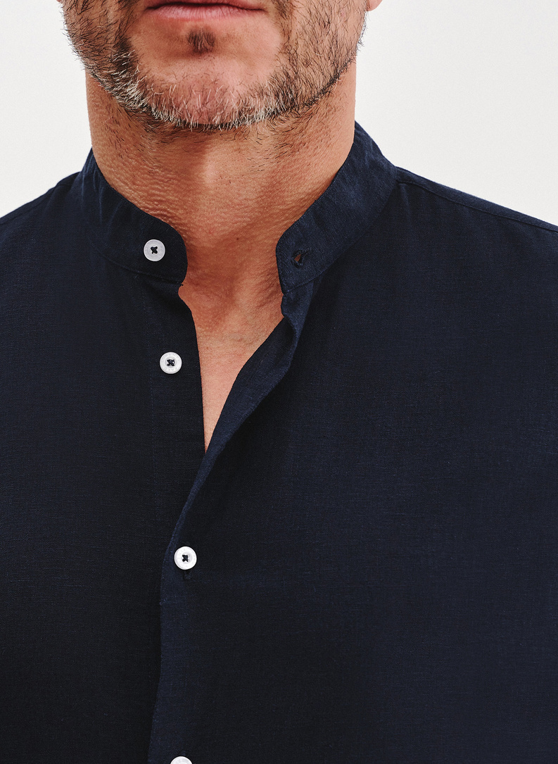 Lniana granatowa koszula męska ze stójką