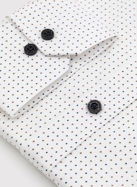 Biała koszula w granatowo-beżowy mikrowzór