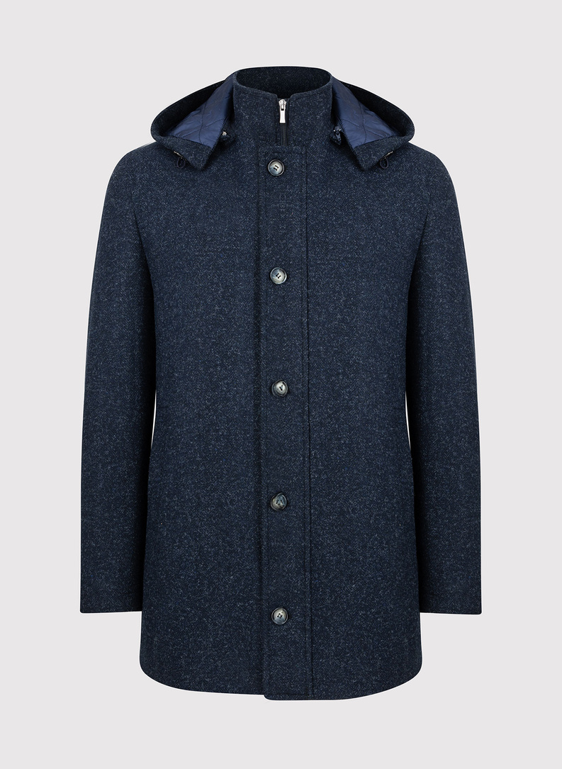 Granatowy płaszcz męski z odpinanym kapturem