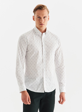 Biała koszula męska w granatowy drobny print