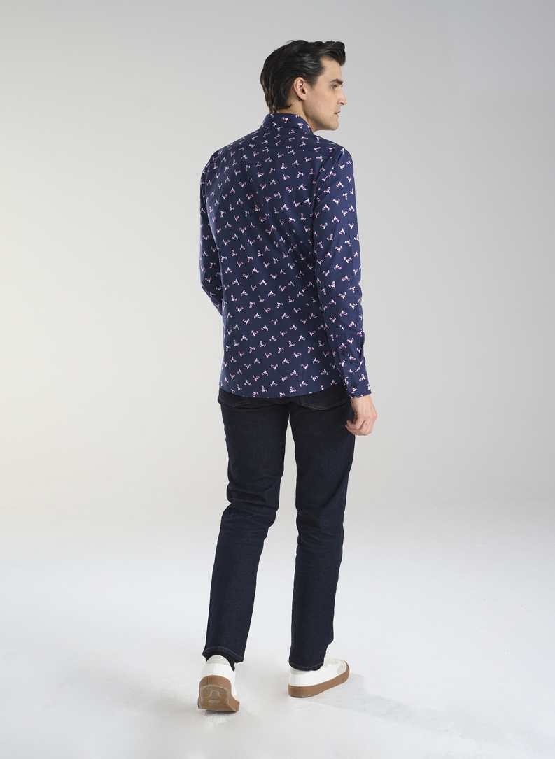 Granatowa koszula w kolibry