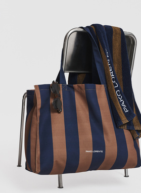 Brązowo-granatowa torba plażowa w pasy