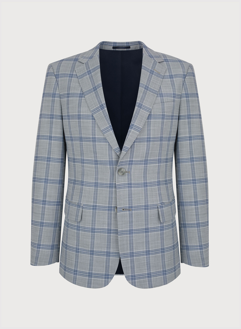 Szary garnitur męski w niebiesko-białą kratę
