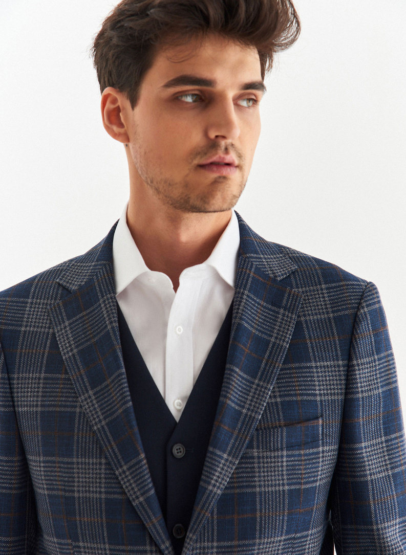 Granatowa casualowa marynarka męska w kratę 