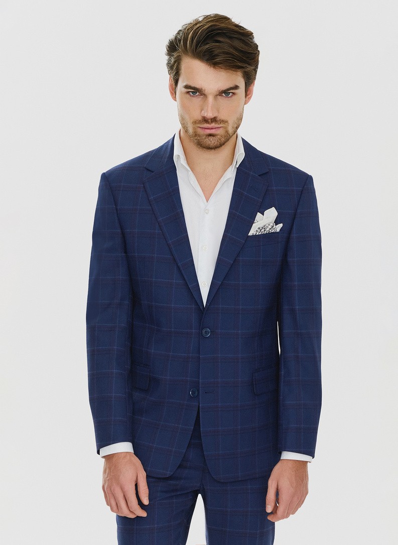 Dwuczęściowy granatowy garnitur męski w czerwono-białą kratę