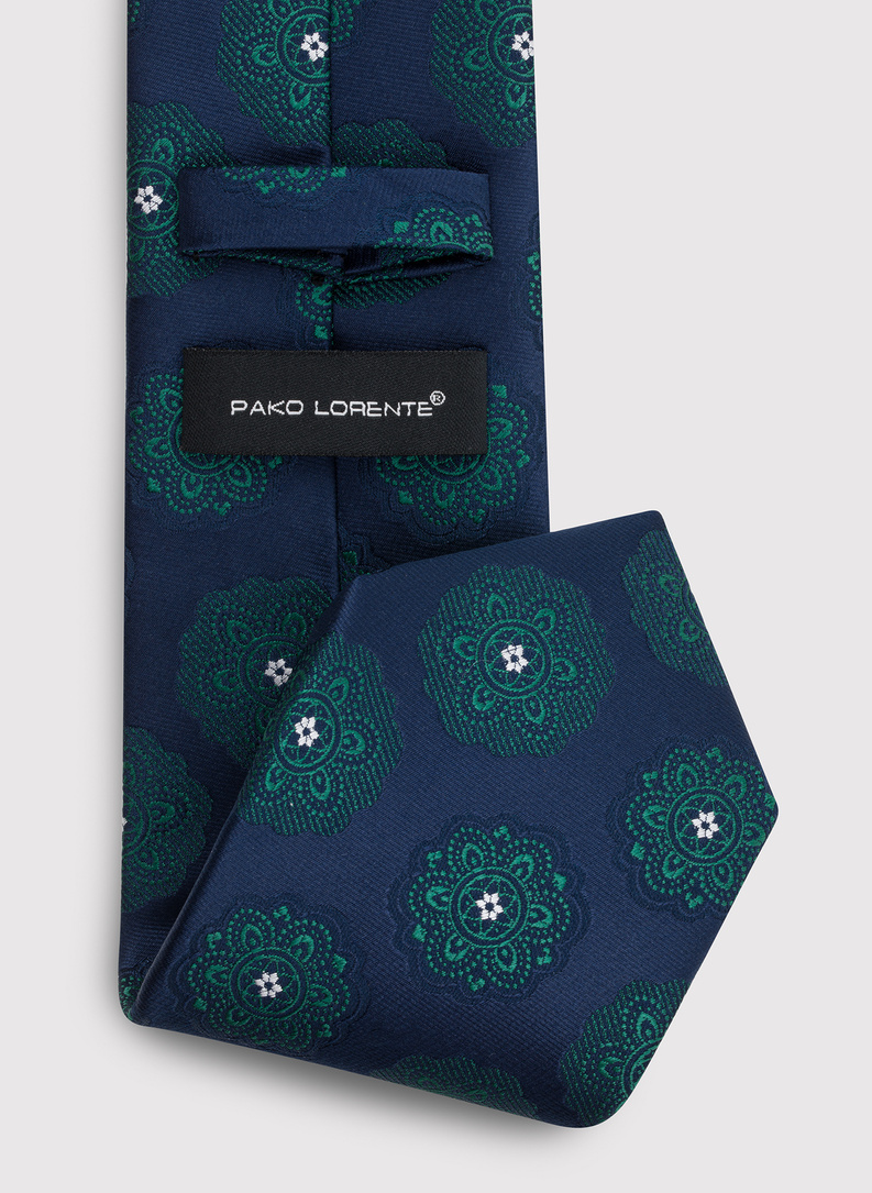 Granatowy krawat męski w zielone rozetki