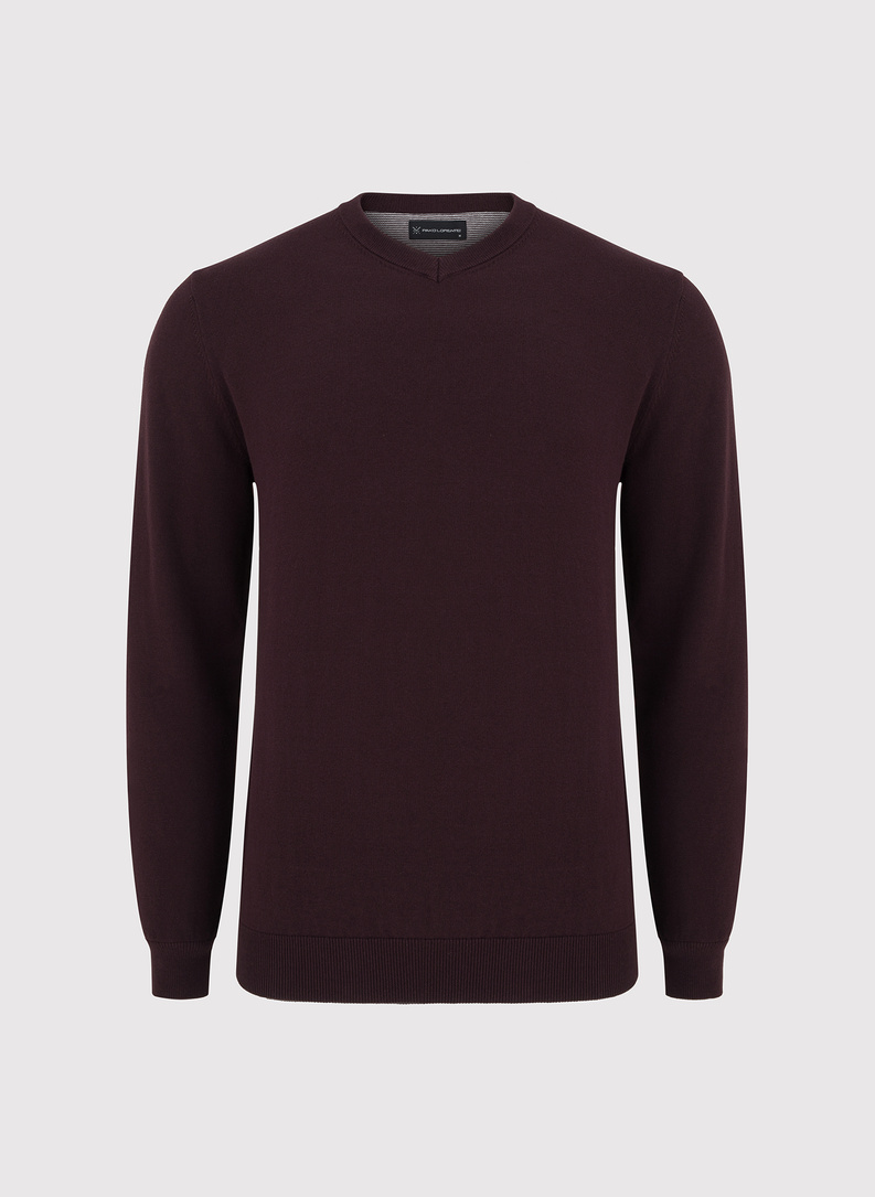 Fioletowy męski sweter w serek 