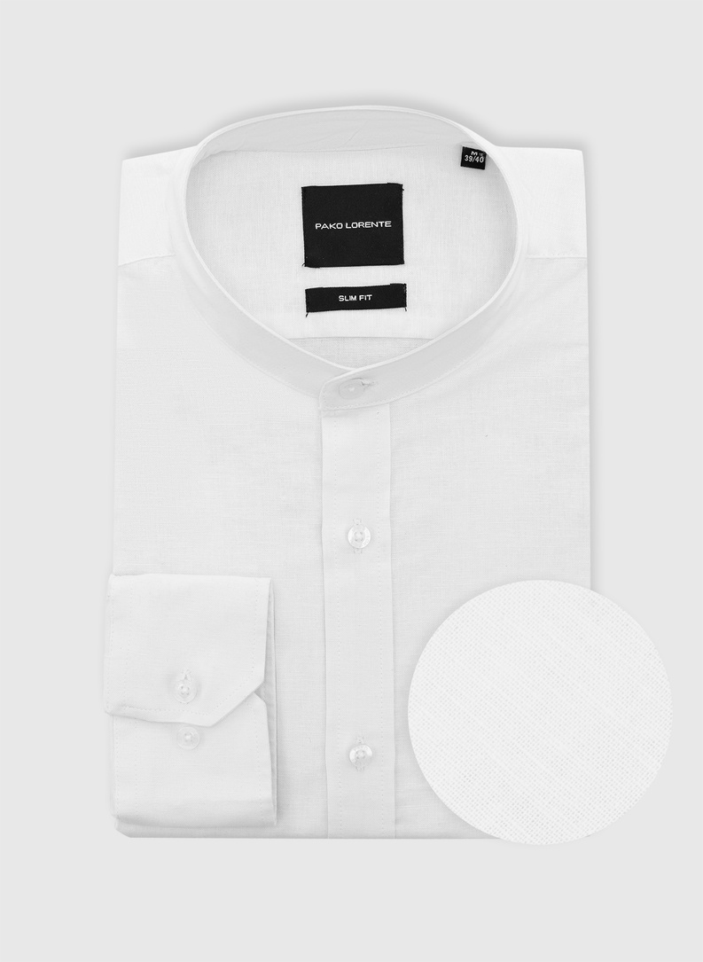 Lniana biała koszula z kołnierzem stójką