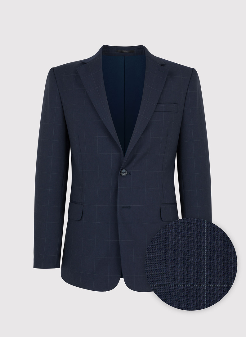 Granatowy wełniany garnitur w kratę