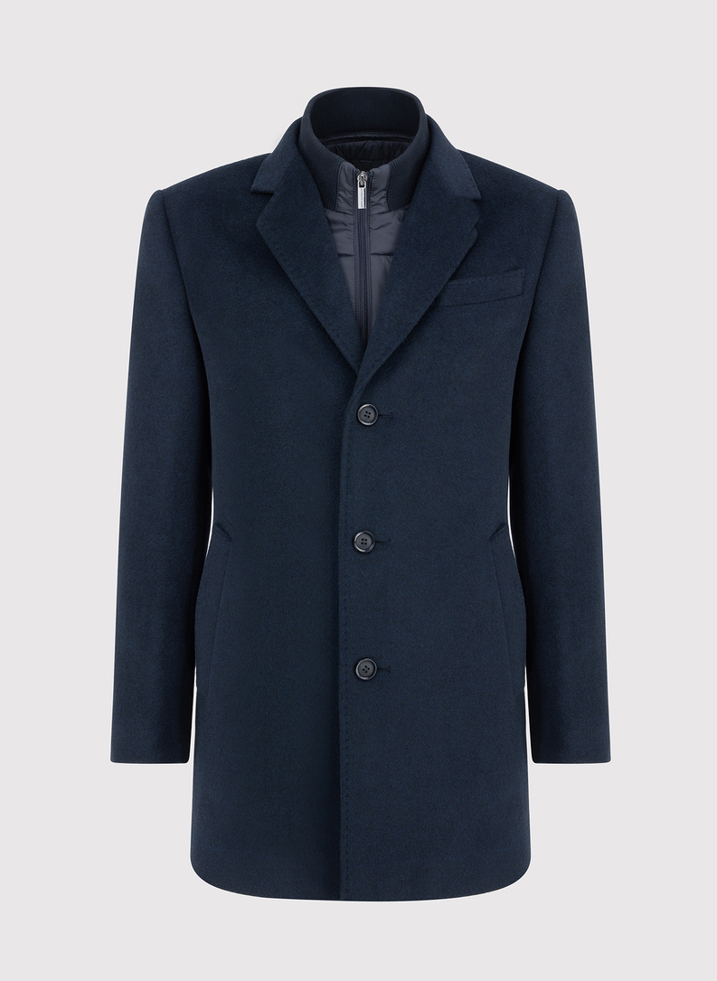 Granatowy płaszcz męski z odpinaną stójką