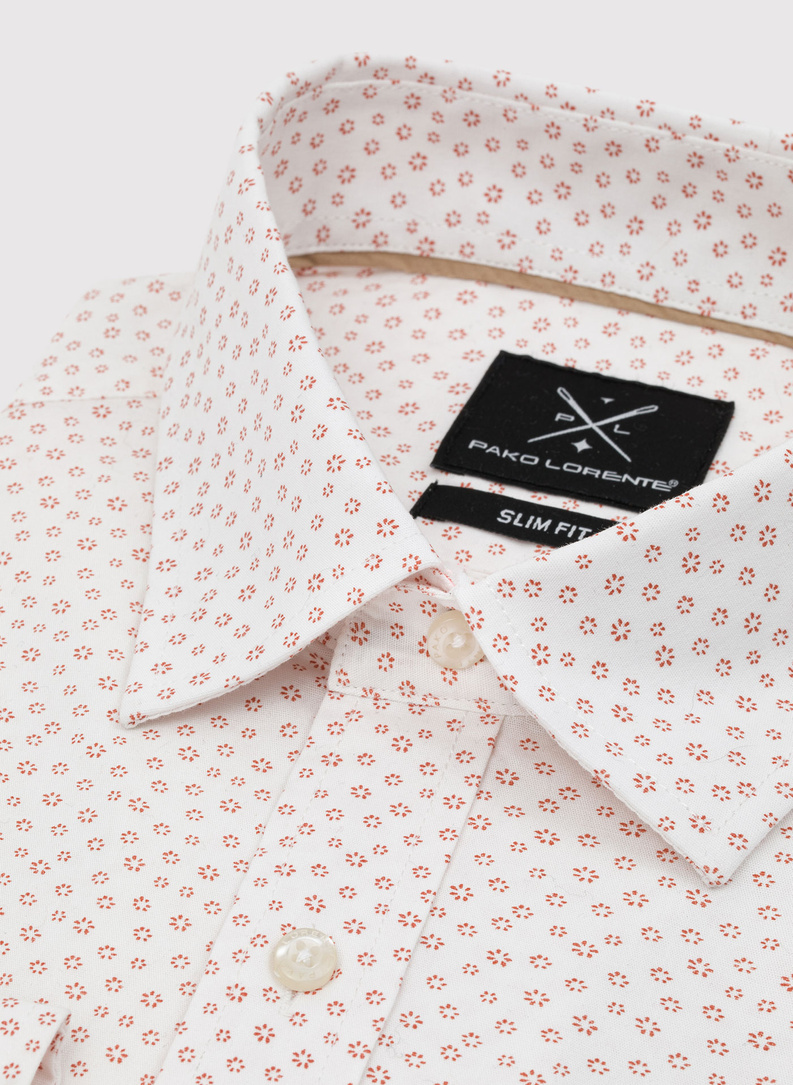 Biała koszula męska w pomarańczowy mikrowzór