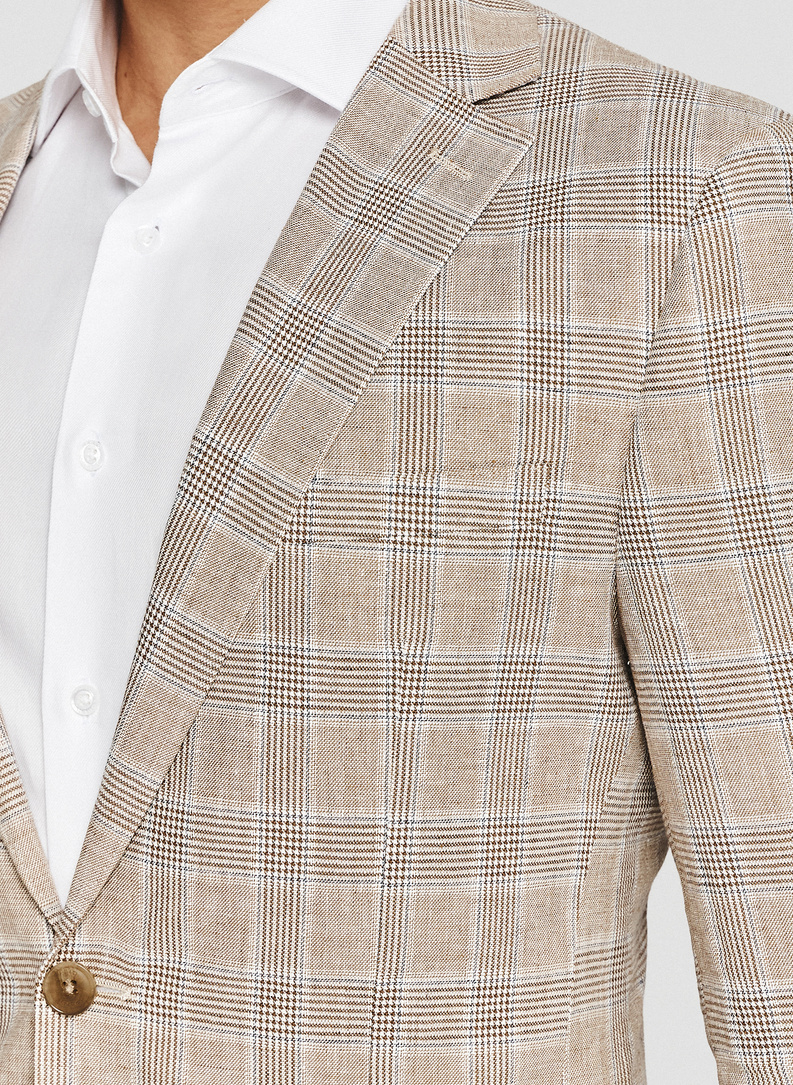 Beżowa marynarka w kratkę z lnem i bawełną