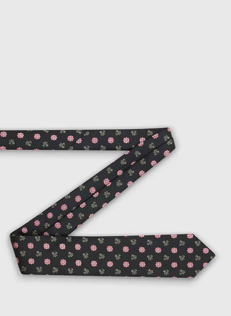 Czarny krawat męski w kwiecisty wzór