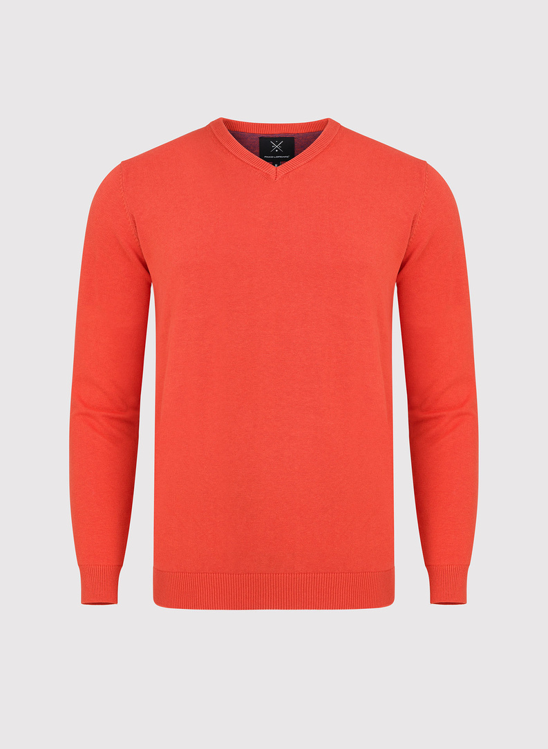 Sweter męski w kolorze pomarańczowym z dekoltem w serek