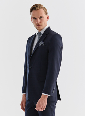 Granatowy wełniany garnitur w kratę