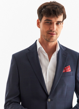 Wełniany granatowy garnitur w subtelną kratkę