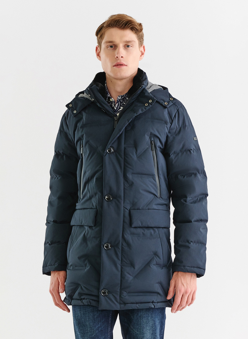 Granatowa pikowana kurtka z kapturem