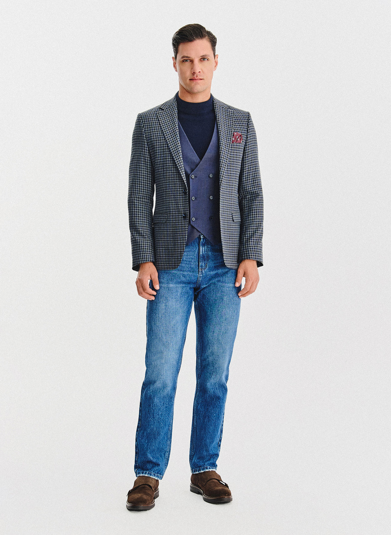 Granatowa marynarka w drobną kratę