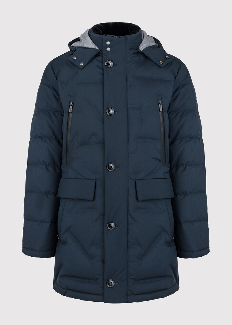 Granatowa pikowana kurtka z kapturem