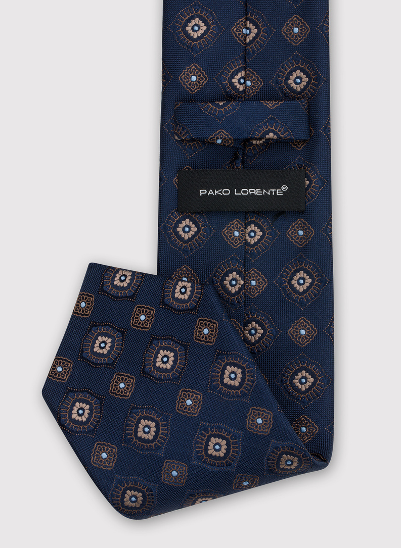 Granatowy krawat męski z brązowym wzorem