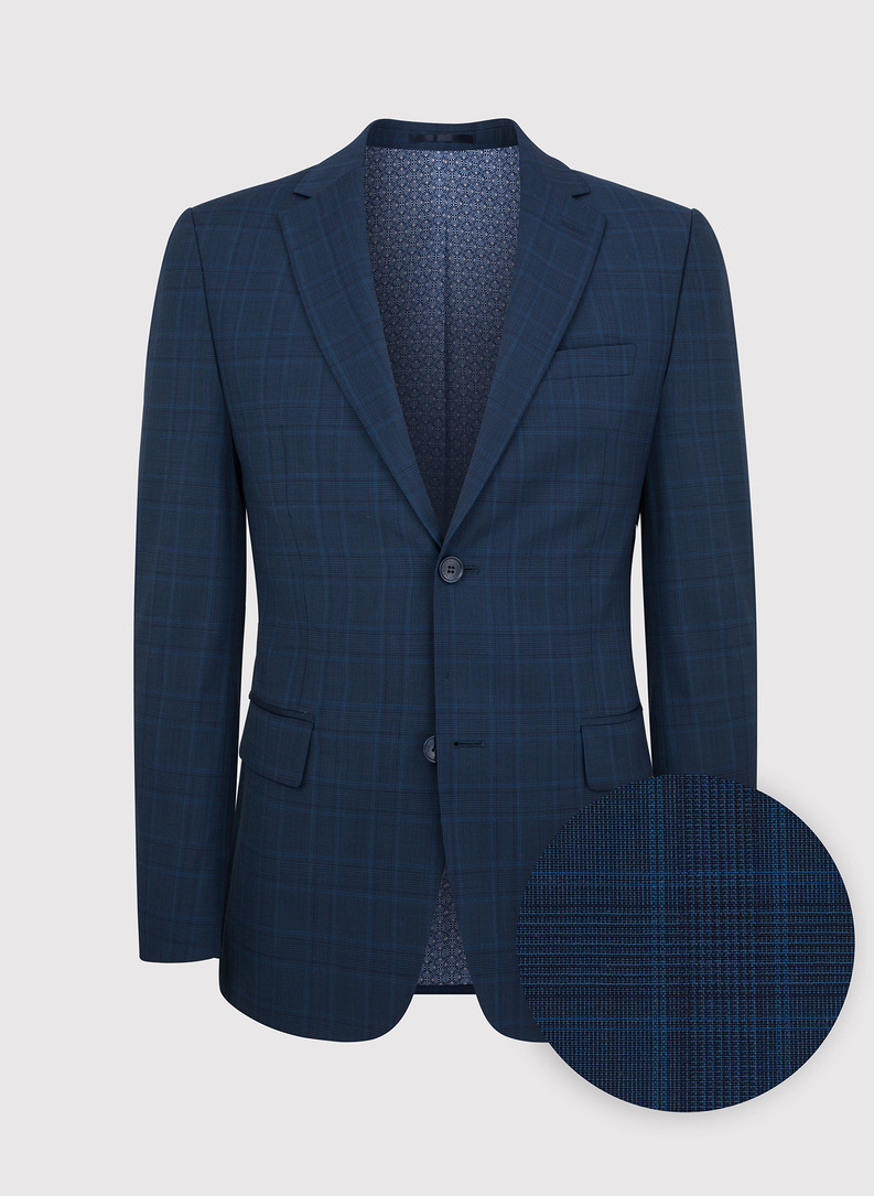 Granatowy garnitur w delikatną niebieską kratkę