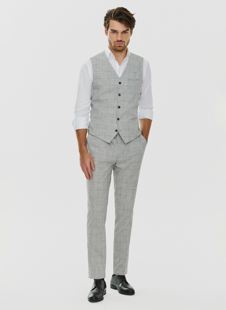 Szare garniturowe spodnie męskie w kratę