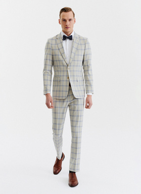 Beżowa marynarka garniturowa w kratę