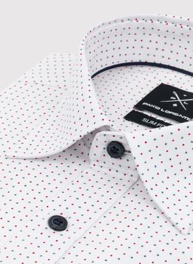 Biała koszula w granatowo-czerwony mikrowzór