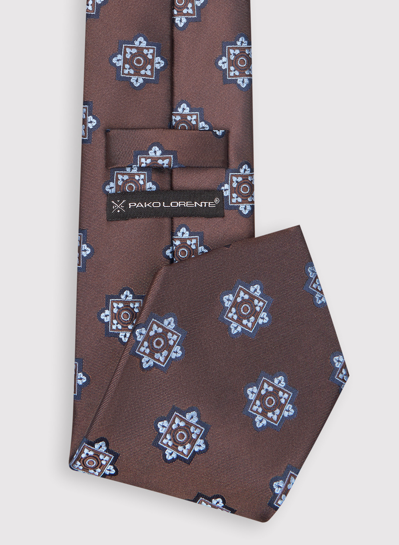 Brązowy krawat męski we wzór geometryczny