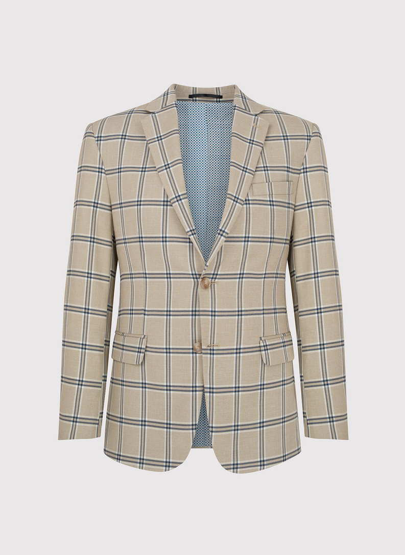 Wełniana marynarka garniturowa w kratkę w kolorze beżowym