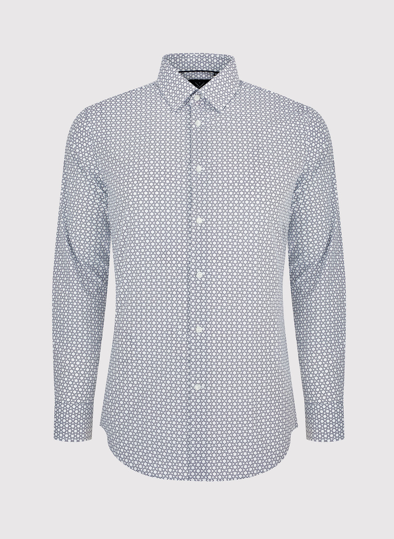 Biała koszula męska w granatowy wzór 