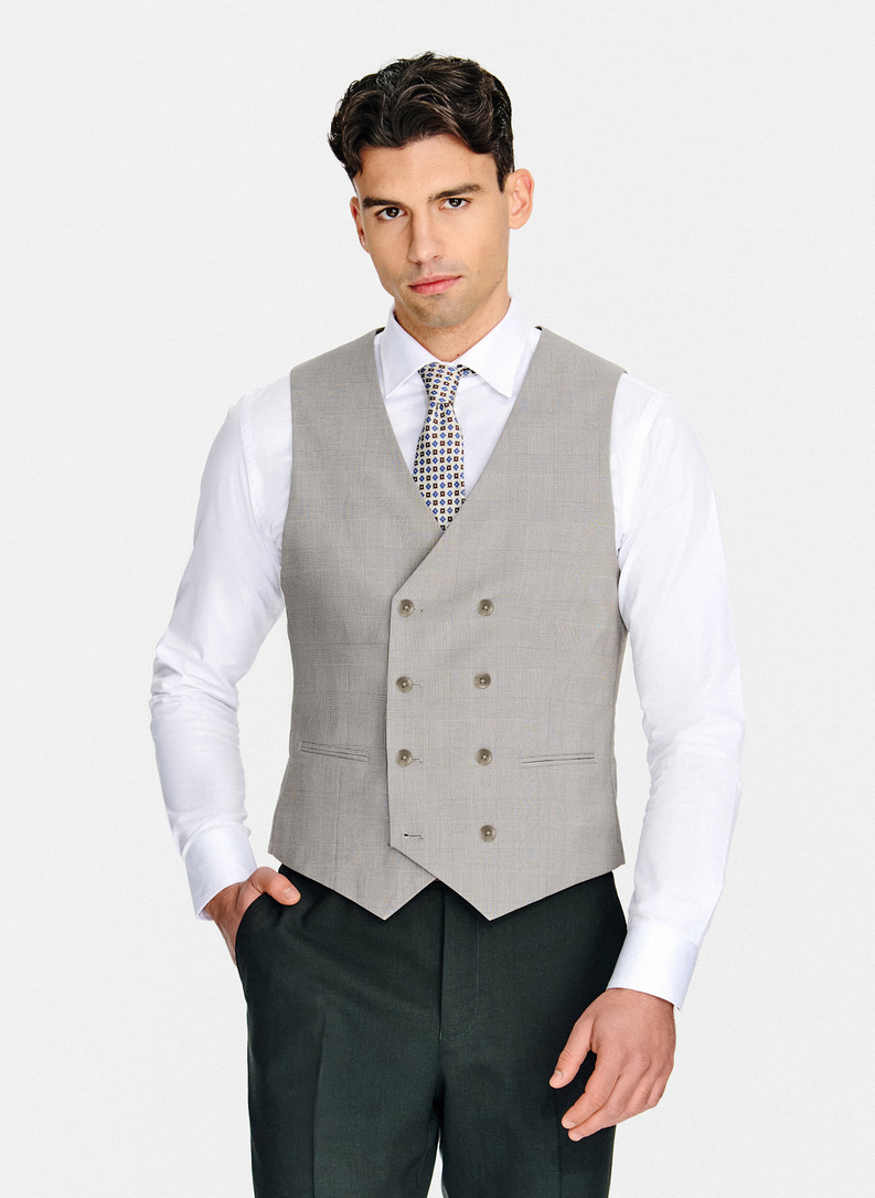 Szara dwurzędowa kamizelka w kratę