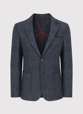 Granatowa marynarka casualowa w bordową kratę