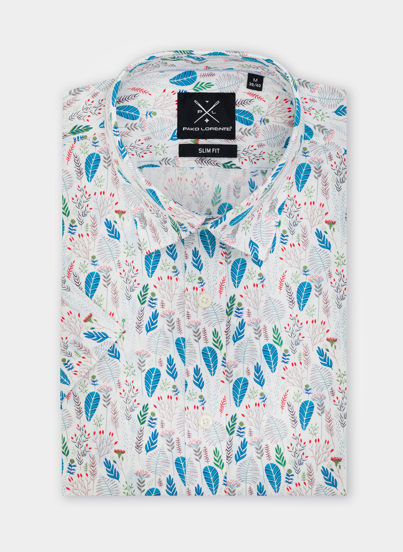 Biała koszula męska na krótki rękaw w kolorowy roślinny deseń